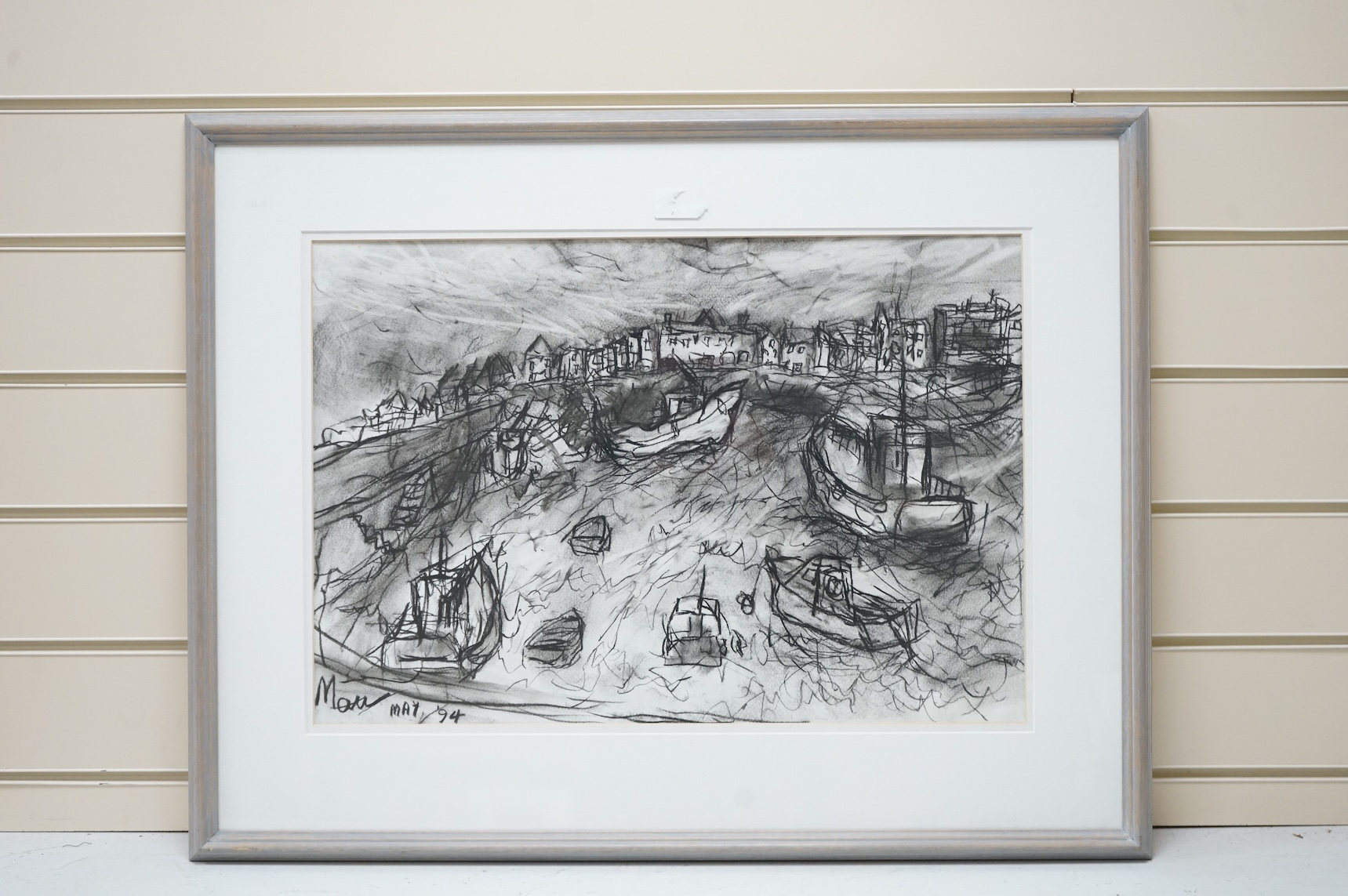 Leslie Marr (1920-2021), ‘Quiberon harbour, 1994’, signed and dated, details vero, conte crayon on paper, 35 x 50cm